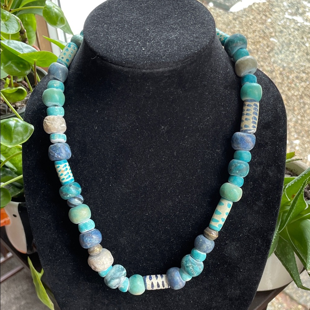 Pottery Beaded 22”Necklace Blue‎ and Green